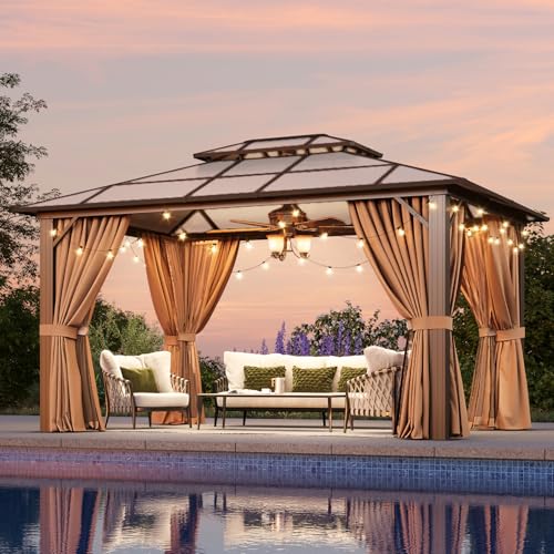 12x16 Hardtop Gazebo with Netting and Curtains, Aluminum Frame, Polycarbonate Roof N71921