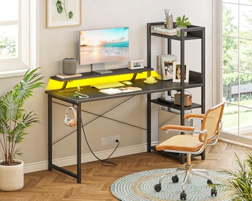 Reversible Gaming Desk with USB Charging Port and LED Lights, 40 Inch Computer Desk with Storage Shelves C134