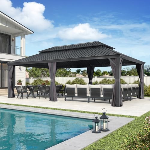 10' x 14' Permanent Hardtop Gazebo with Galvanized Steel Double Roof, Curtains and Netting Included M96664