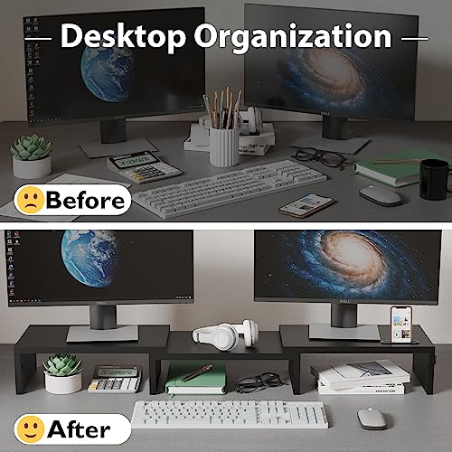 Dual Monitor Stand Riser with Smartphone Holder, Adjustable Wooden Desktop Organizer P70793