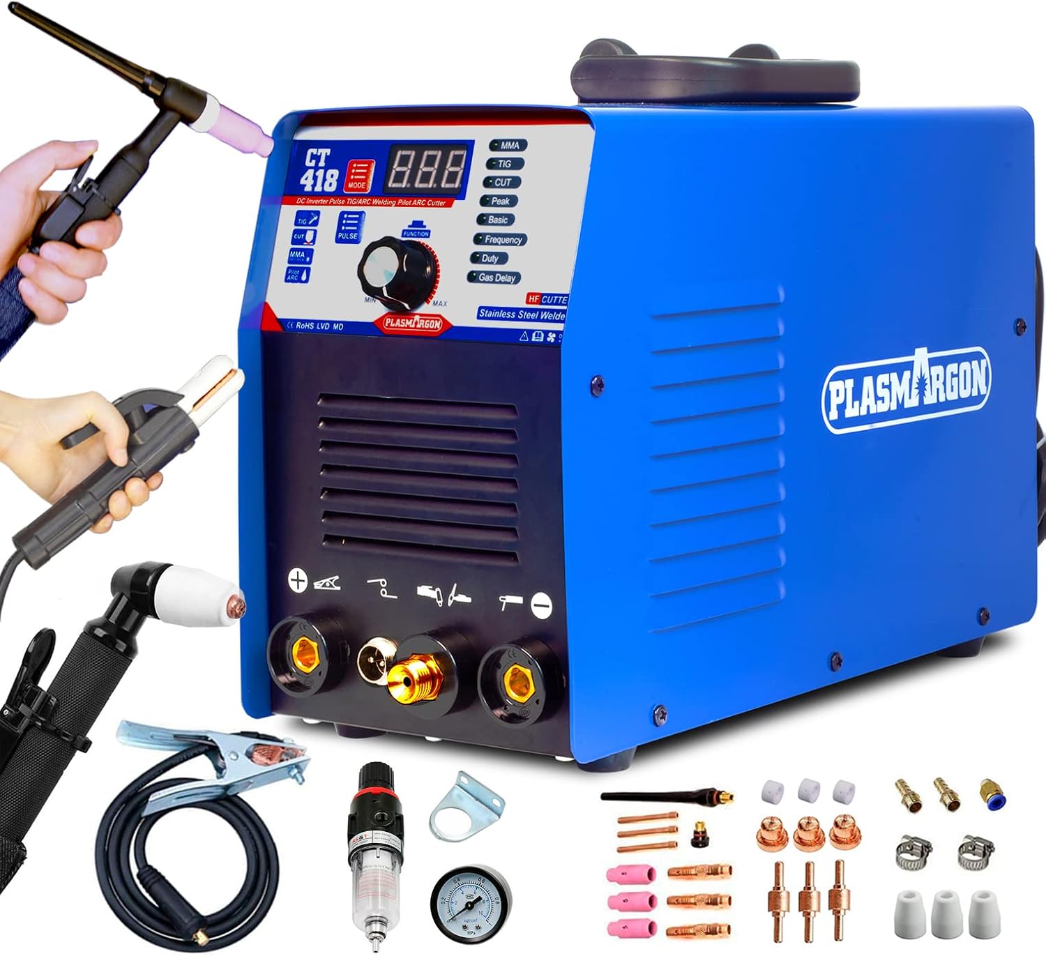 Plasma Cutter TIG Welder (Pulse) Stick Welder - CT418 3 in 1 Combo Welding Machine, 180A Pulse TIG/Arc Welding, 40A Plasma Cutting, 110/220V Dual Voltage Digital Display Portable Welder Machine