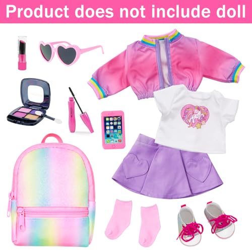 18 Inch Doll Clothes and Makeup Accessories Set with Rainbow Backpack W61542