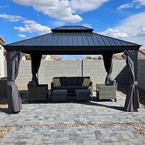 10' x 14' Permanent Hardtop Gazebo with Galvanized Steel Double Roof, Curtains and Netting Included M96664