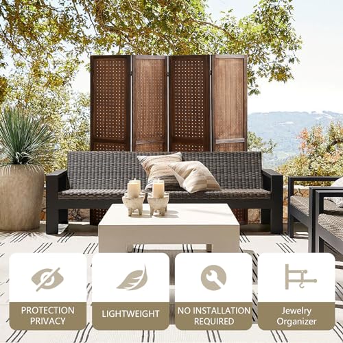 Wooden Pegboard Room Divider, 5.6Ft Folding Privacy Screen P5676