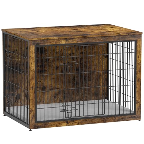 Dog Crate Furniture with Cushion, Heavy-Duty Metal Mesh, Wooden End Table with Double Doors, Indoor Kennel for Small Breed, Grey K856