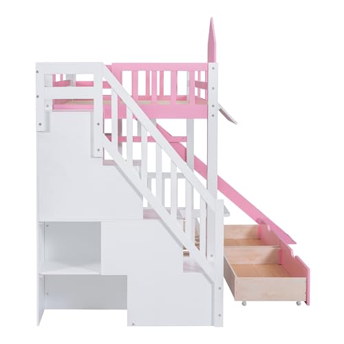 Twin Over Twin Bunk Bed with Stairs and Slide, Solid Wood Frame with Storage Y2445