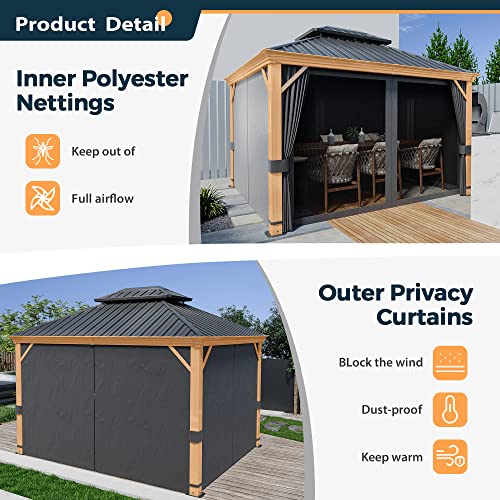 10 x 12 ft Hardtop Gazebo with Netting and Curtains, Double Roof Metal Canopy for Patio I7305