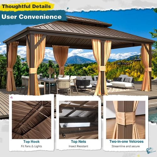 10'x13' Hardtop Gazebo with Polycarbonate Double Roof, Aluminum Frame, Curtains and Netting N263