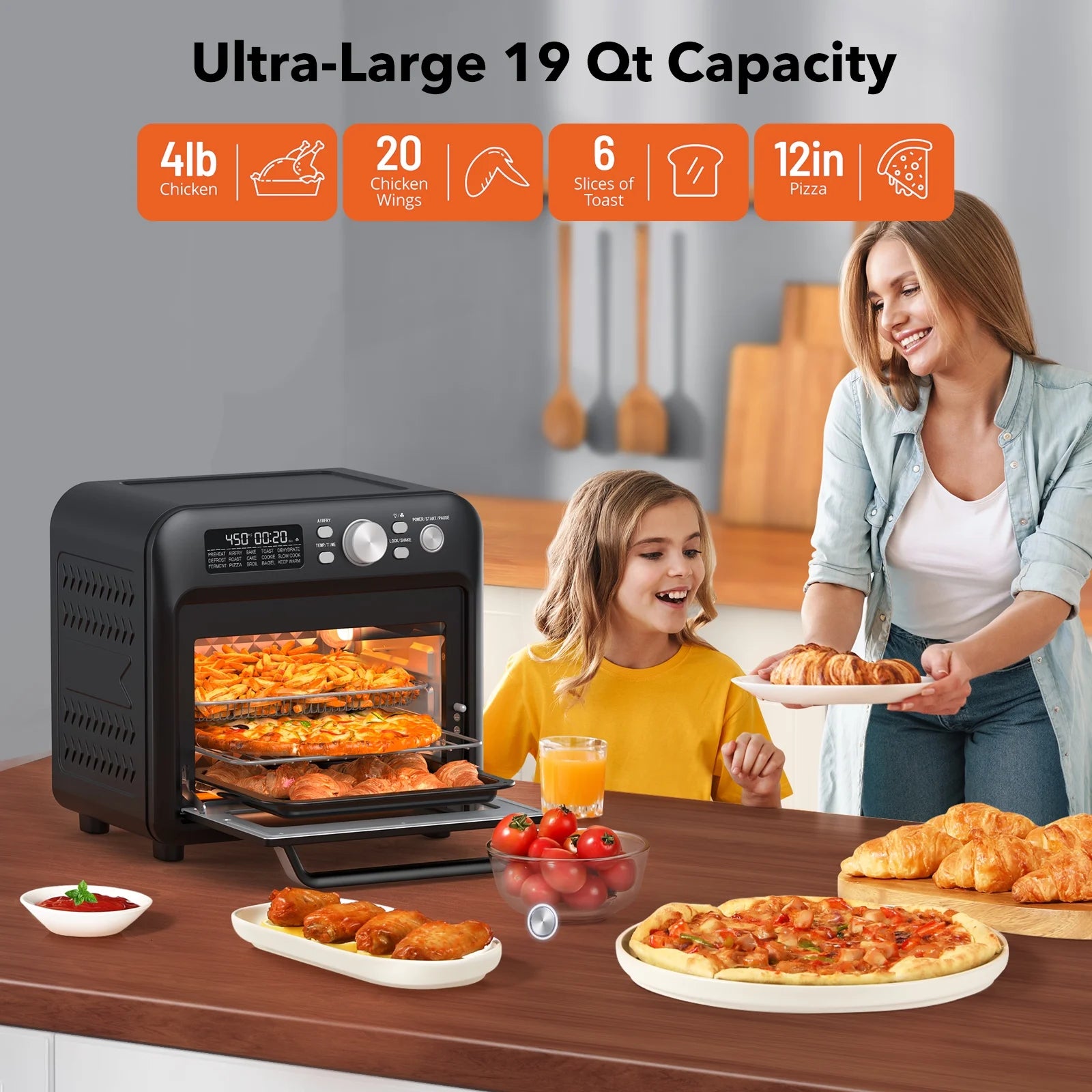 Air Fryer Oven, 19 QT Family-Sized Toaster Oven, Convection Oven with Child Lock, Dishwasher Safe L37160