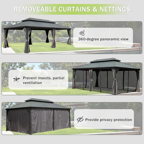 10 x 10 ft Hardtop Gazebo with Netting and Curtains, Galvanized Steel Roof for Patio and Garden X50618
