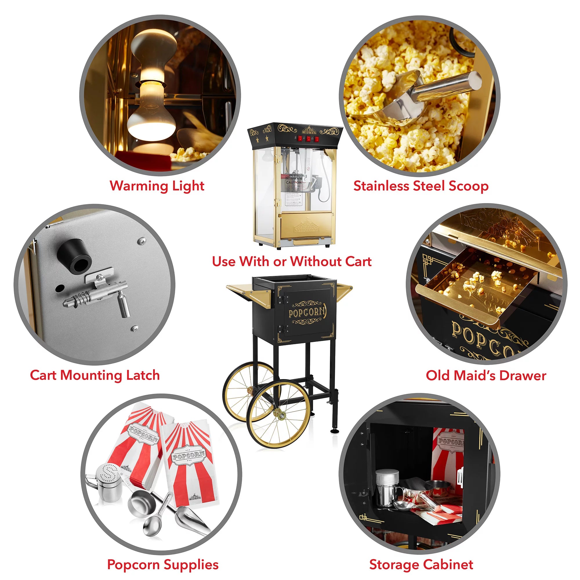 Movie Theater-Style Popcorn Machine with Cart and 8 oz Kettle, Black P792192