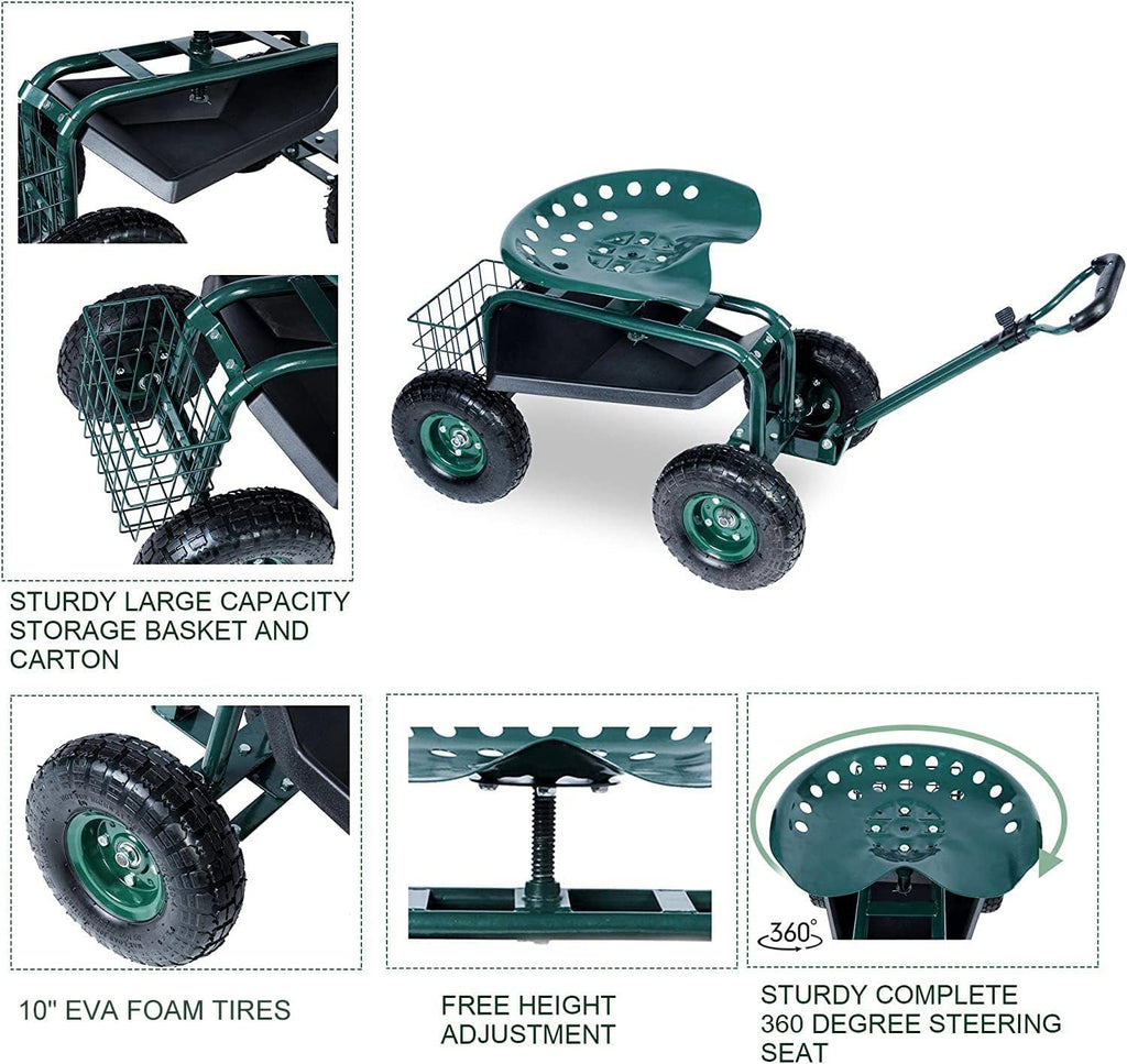 Garden Stool Cart with Tool Tray and Storage Basket on Wheels S436464
