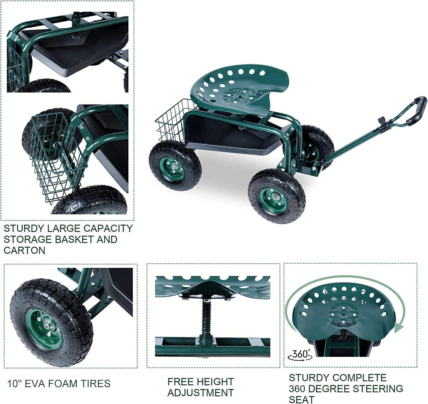 Garden Stool Cart with Tool Tray and Storage Basket on Wheels S436464