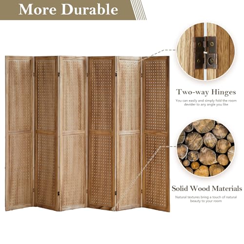 Wooden Pegboard Room Divider, 5.6Ft Folding Privacy Screen P5676