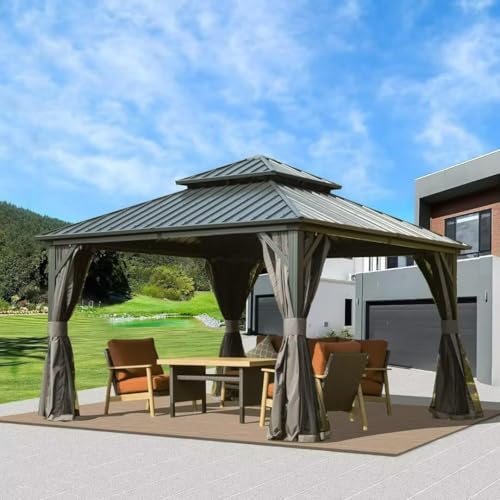 10 x 10 ft Hardtop Gazebo with Netting and Curtains, Galvanized Steel Roof for Patio and Garden X50618