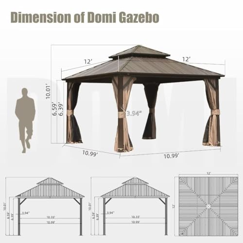 10 x 10 ft Hardtop Gazebo with Netting and Curtains, Galvanized Steel Roof for Patio and Garden X50618