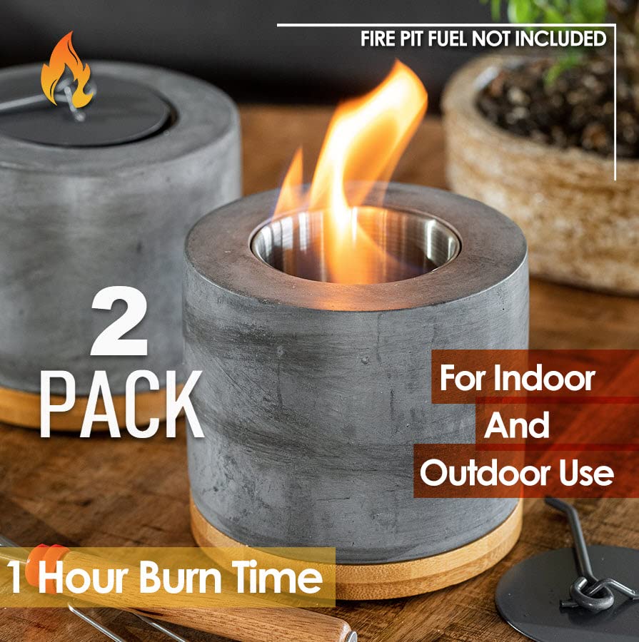 Concrete Tabletop Fire Pit with Bamboo Base and Roasting Forks X191736