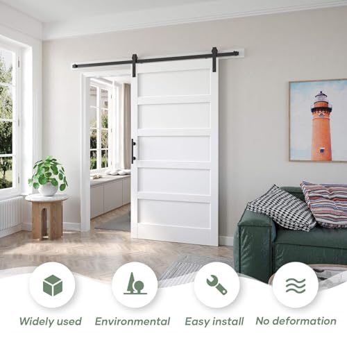 White Barn Door with Sliding Hardware Kit, 7FT, 5-Panel K864232