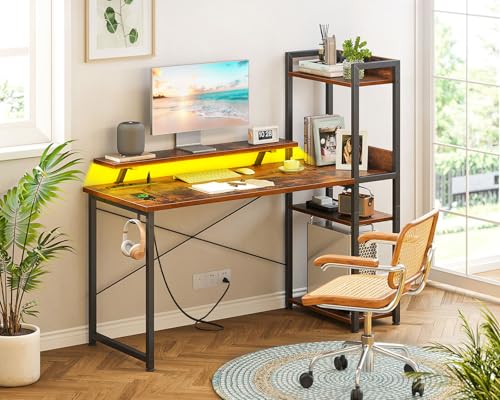 Reversible Gaming Desk with USB Charging Port and LED Lights, 40 Inch Computer Desk with Storage Shelves C134