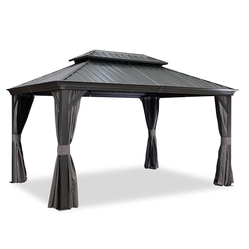 10' x 14' Permanent Hardtop Gazebo with Galvanized Steel Double Roof, Curtains and Netting Included M96664
