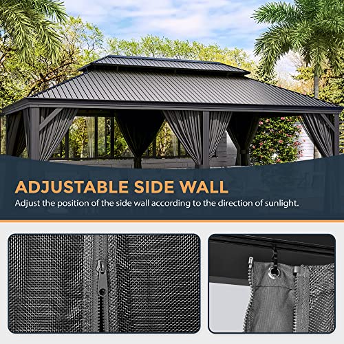 10 x 12 ft Hardtop Gazebo with Netting and Curtains, Double Roof Metal Canopy for Patio I7305