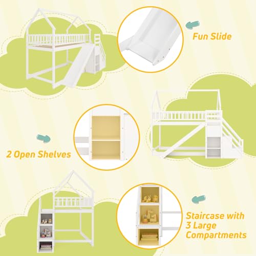 Twin Over Twin Bunk Bed with Slide and Stairs, Wood, White F9999