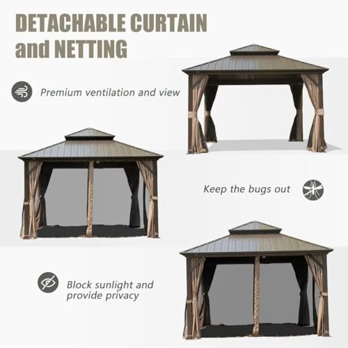 10 x 10 ft Hardtop Gazebo with Netting and Curtains, Galvanized Steel Roof for Patio and Garden X50618