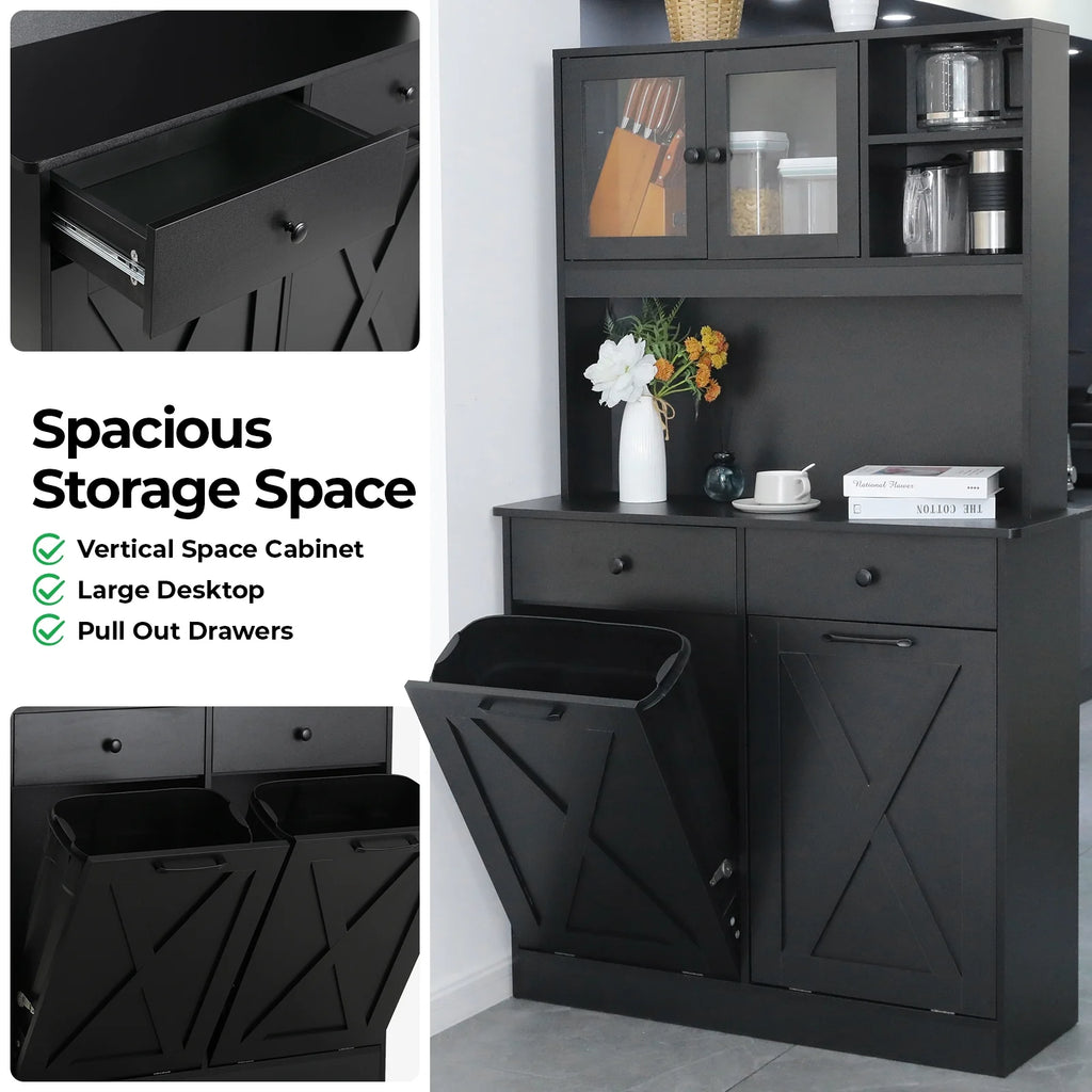 Kitchen Pantry Storage Cabinet, Double Tilt Out Trash Cabinet with Drawers and Shelves T2143