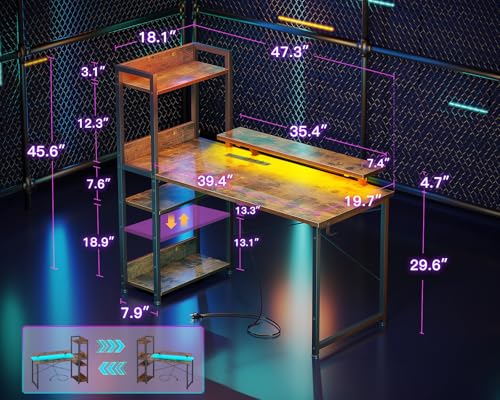 Reversible Gaming Desk with USB Charging Port and LED Lights, 40 Inch Computer Desk with Storage Shelves C134