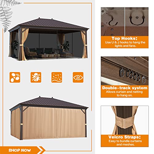 12x16 ft Hardtop Gazebo with Galvanized Steel Roof, Curtains and Netting V821