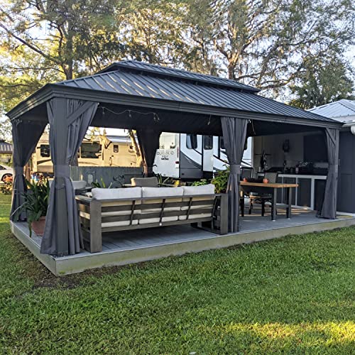 10' x 14' Permanent Hardtop Gazebo with Galvanized Steel Double Roof, Curtains and Netting Included M96664