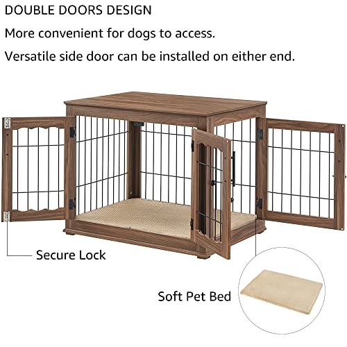 Wooden Dog Crate End Table with Double Doors and Pet Bed T245171
