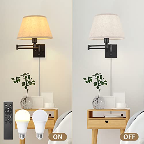 Wall Sconces Plug in, Remote Control Dimmable, Swing Arm Wall Lights with Fabric Shade, 2 Pack Z41784