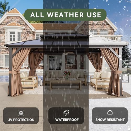 12x16 Hardtop Gazebo with Netting and Curtains, Aluminum Frame, Polycarbonate Roof N71921