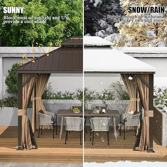 10 x 10 ft Hardtop Gazebo with Netting and Curtains, Galvanized Steel Roof for Patio and Garden X50618