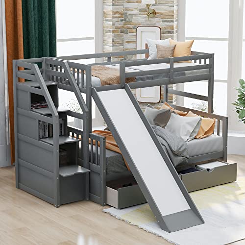 Twin Over Full Bunk Bed with Slide and Stairs for Kids E212