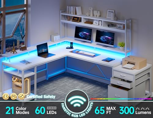 L Shaped Gaming Desk with Storage Shelves and LED Light U926701