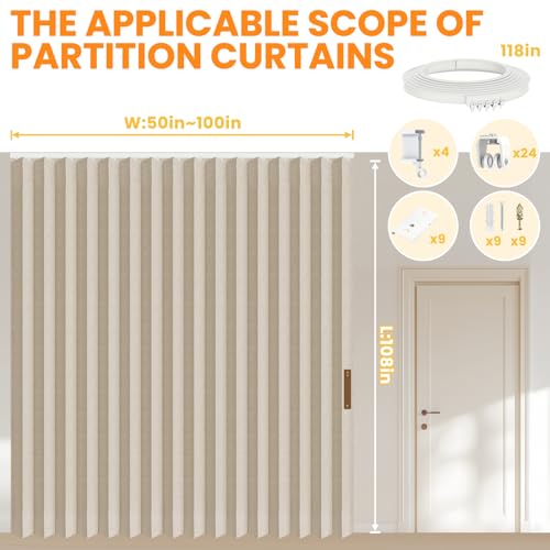 Accordion Room Divider Curtains with Ceiling Track, Grey, W100 x L84 J296
