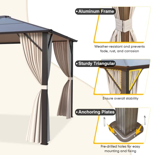 10'x13' Hardtop Gazebo with Polycarbonate Double Roof, Aluminum Frame, Curtains and Netting N263