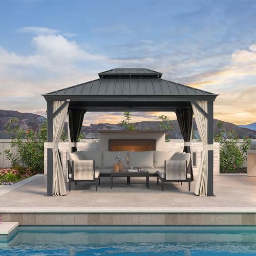 10' x 14' Permanent Hardtop Gazebo with Galvanized Steel Double Roof, Curtains and Netting Included M96664