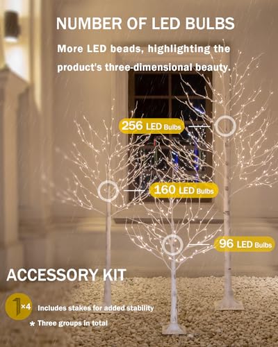 Lighted Birch Tree Set 4ft, 6ft and 8ft with Warm White LED Lights for Holiday Decor Z480