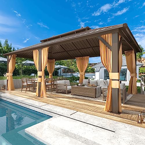 10'x13' Hardtop Gazebo with Polycarbonate Double Roof, Aluminum Frame, Curtains and Netting N263