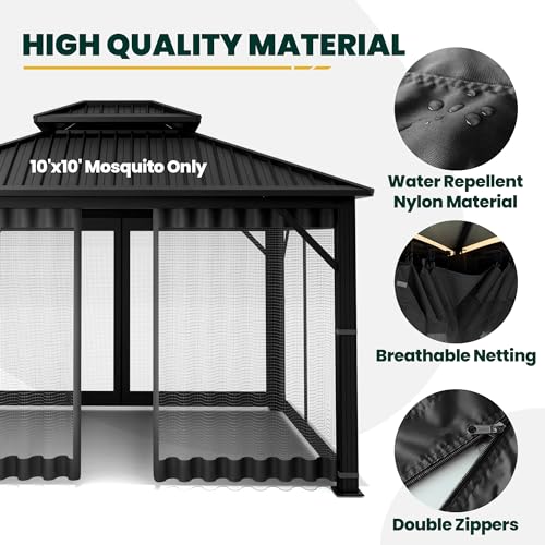 10 x 10 ft Gazebo Mosquito Netting with Zippers, 4-Panel Sidewall, Black T86124