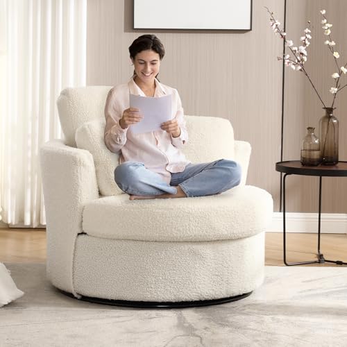 Swivel Barrel Chair with Ottoman for Living Room Bedroom, White W553228