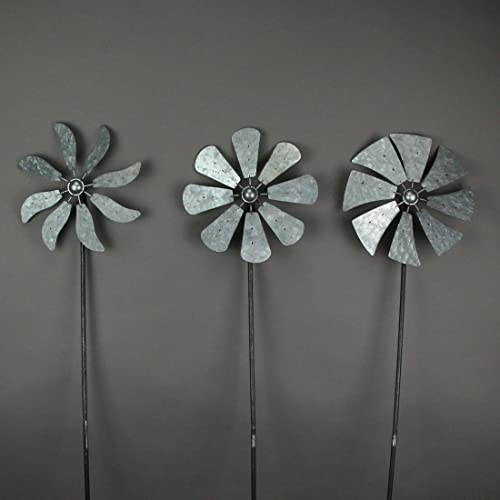 Set of 3 Galvanized Grey Windmill Garden Stakes, 41 Inches P5411