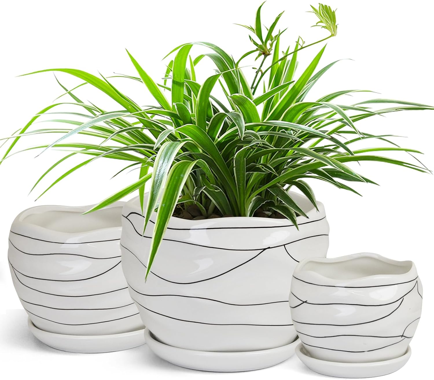 White Ceramic Planter Set, 3 Sizes, Indoor and Outdoor Plant Pots, Drainage Hole and Saucer, Modern Home Decor - Plants Flowers