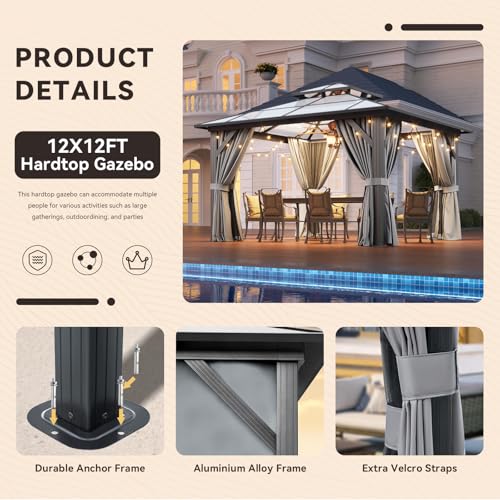 12x16 Hardtop Gazebo with Netting and Curtains, Aluminum Frame, Polycarbonate Roof N71921