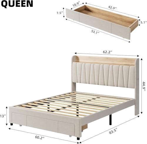 Queen Size Bed Frame with Storage Headboard and Drawers H139426