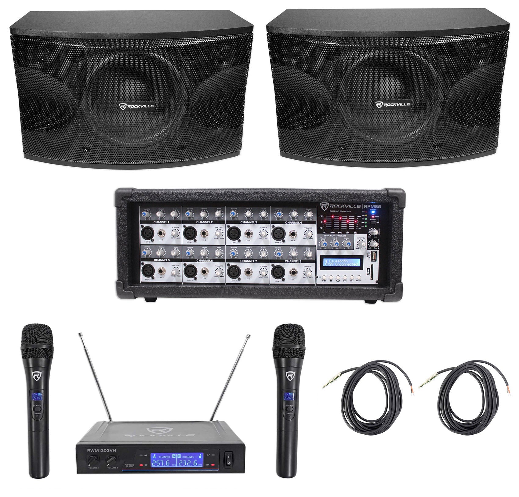 (2) Rockville KPS12 12" 3-Way 1600w Karaoke/Pro Speakers+Amplifier+Wireless Mics