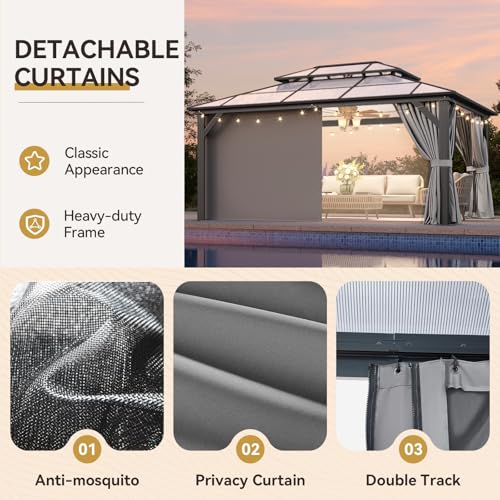12x16 Hardtop Gazebo with Netting and Curtains, Aluminum Frame, Polycarbonate Roof N71921